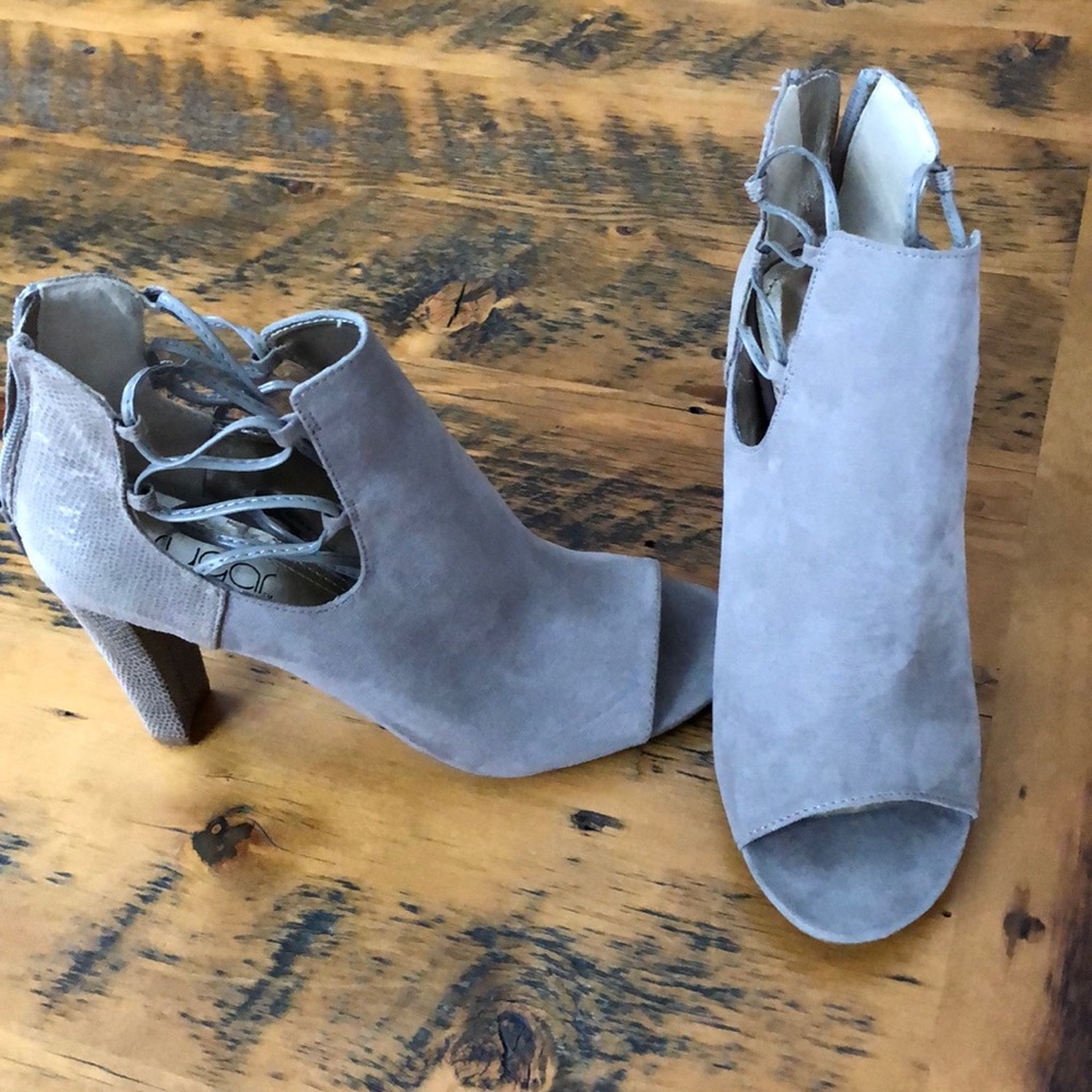 Taupe peep toe ankle wrap bootie